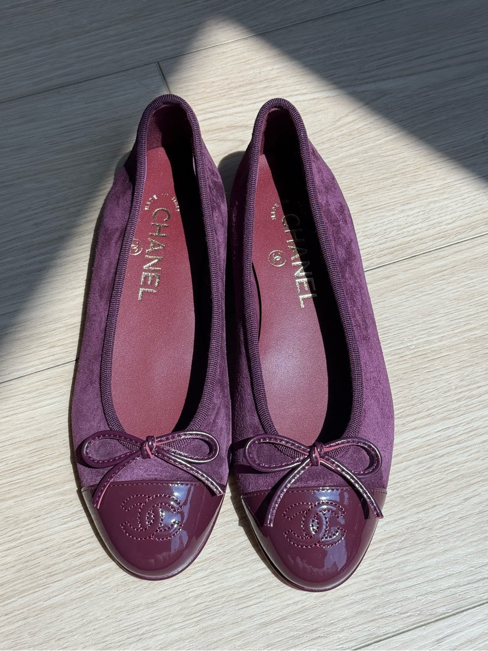 CHANEL Plum Suede and Patent Cap-Toe Ballet Flats